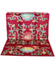 Tappeto tibetano annodato a mano 232x153cm con motivi floreali stilizzati multicolore su fondo bordeaux.