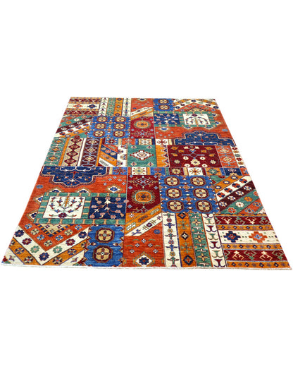 Tappeto moderno 241x173 cm Afghanistan, patchwork multicolore con motivi geometrici, tramato ed annodato a mano.