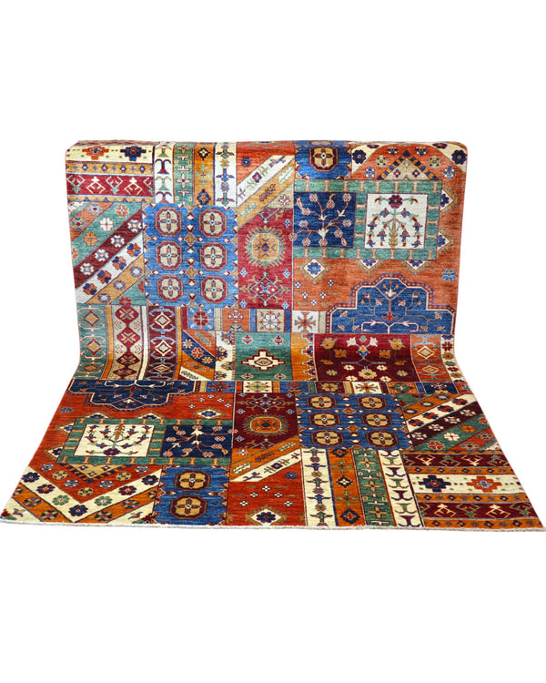 Tappeto moderno 241x173 cm Afghanistan, patchwork multicolore con motivi geometrici, tramato ed annodato a mano.