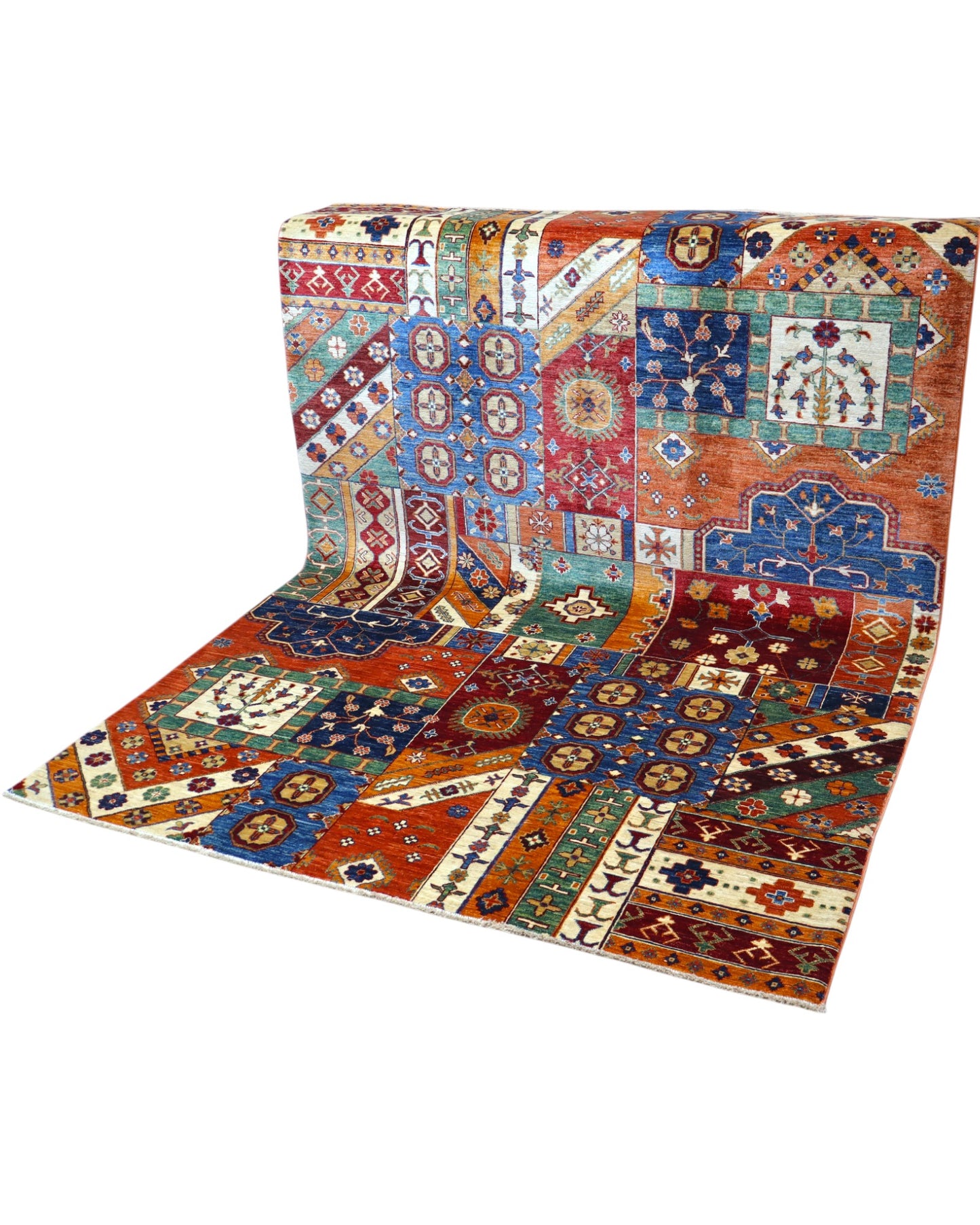 Tappeto moderno 241x173 cm Afghanistan, patchwork multicolore con motivi geometrici, tramato ed annodato a mano.