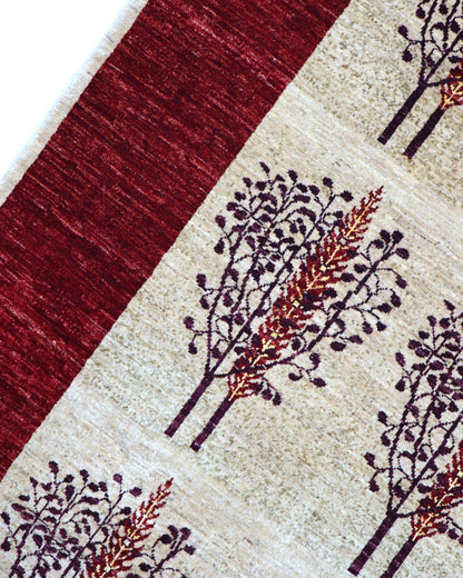 Tappeto moderno 214x145 cm Persia con fondo avorio, alberi stilizzati in sequenza e bordo bordeaux, tramato ed annodato a mano.