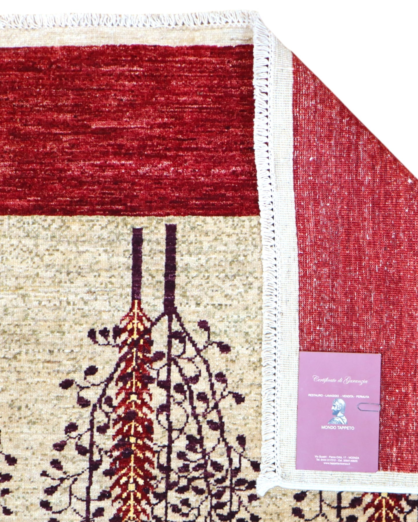 Tappeto moderno 214x145 cm Persia con fondo avorio, alberi stilizzati in sequenza e bordo bordeaux, tramato ed annodato a mano.