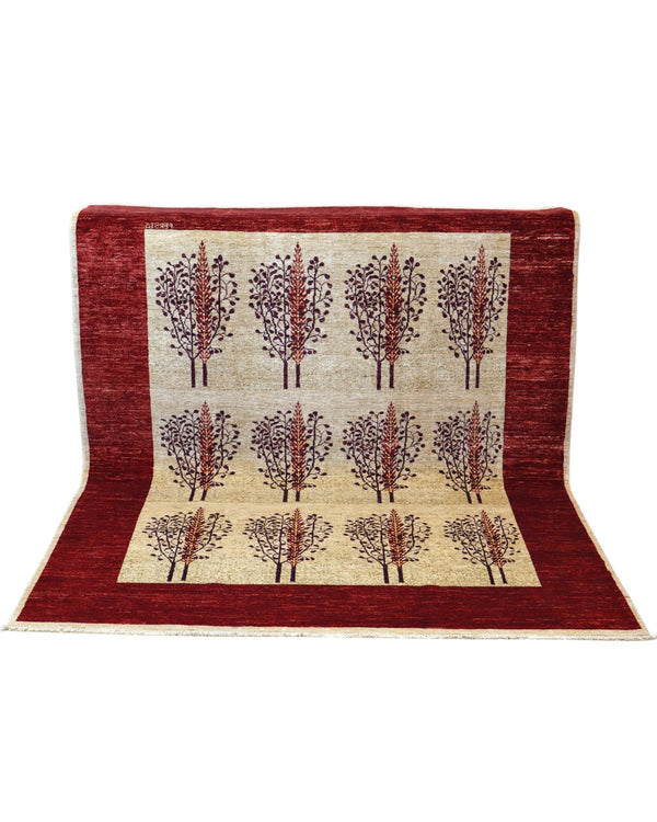 Tappeto moderno 214x145 cm Persia con fondo avorio, alberi stilizzati in sequenza e bordo bordeaux, tramato ed annodato a mano.
