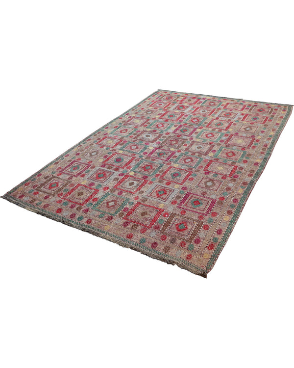 Tappeto kilim armeno 265x175 cm con fondo naturale e motivi geometrici multicolore, annodato a mano in lana e cotone, provenienza Armenia.