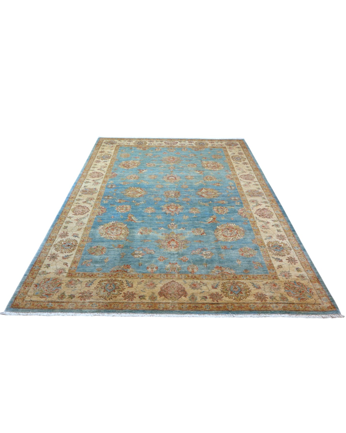 Tappeto Ziegler 298x200 cm con fondo azzurro, motivi floreali beige e oro e bordura chiara decorata, tramato ed annodato a mano, provenienza Afghanistan.