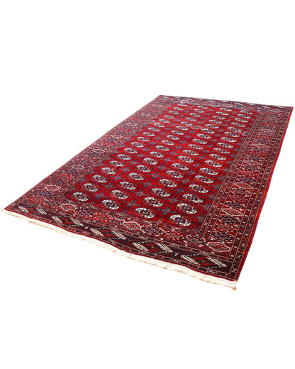 Tappeto Bukhara 324x205 cm con fondo rosso scuro e motivi a gul geometrici in nero, avorio e blu, tramato ed annodato a mano, provenienza Bukhara.