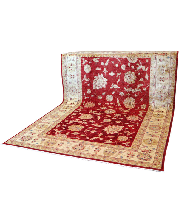 Tappeto Ziegler 302x211 cm con fondo bordeaux, motivi floreali avorio e dettagli oro, tramato ed annodato a mano, provenienza Afghanistan.