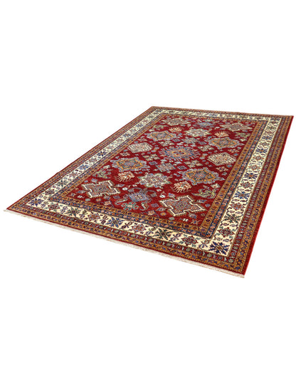 Tappeto Shirvan 295x207 cm con fondo bordeaux, motivi geometrici e floreali in avorio, blu e giallo, tramato ed annodato a mano, provenienza Caucaso.