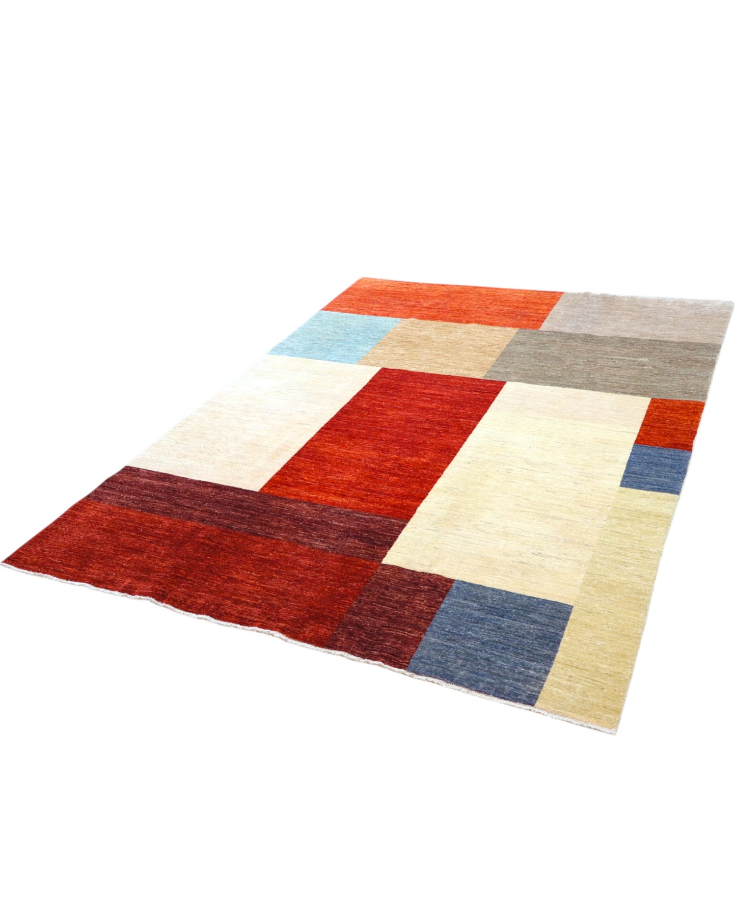 Tappeto moderno 274x195 cm con blocchi geometrici multicolore, rosso, grigio, beige e blu, tramato ed annodato a mano, provenienza Afghanistan.