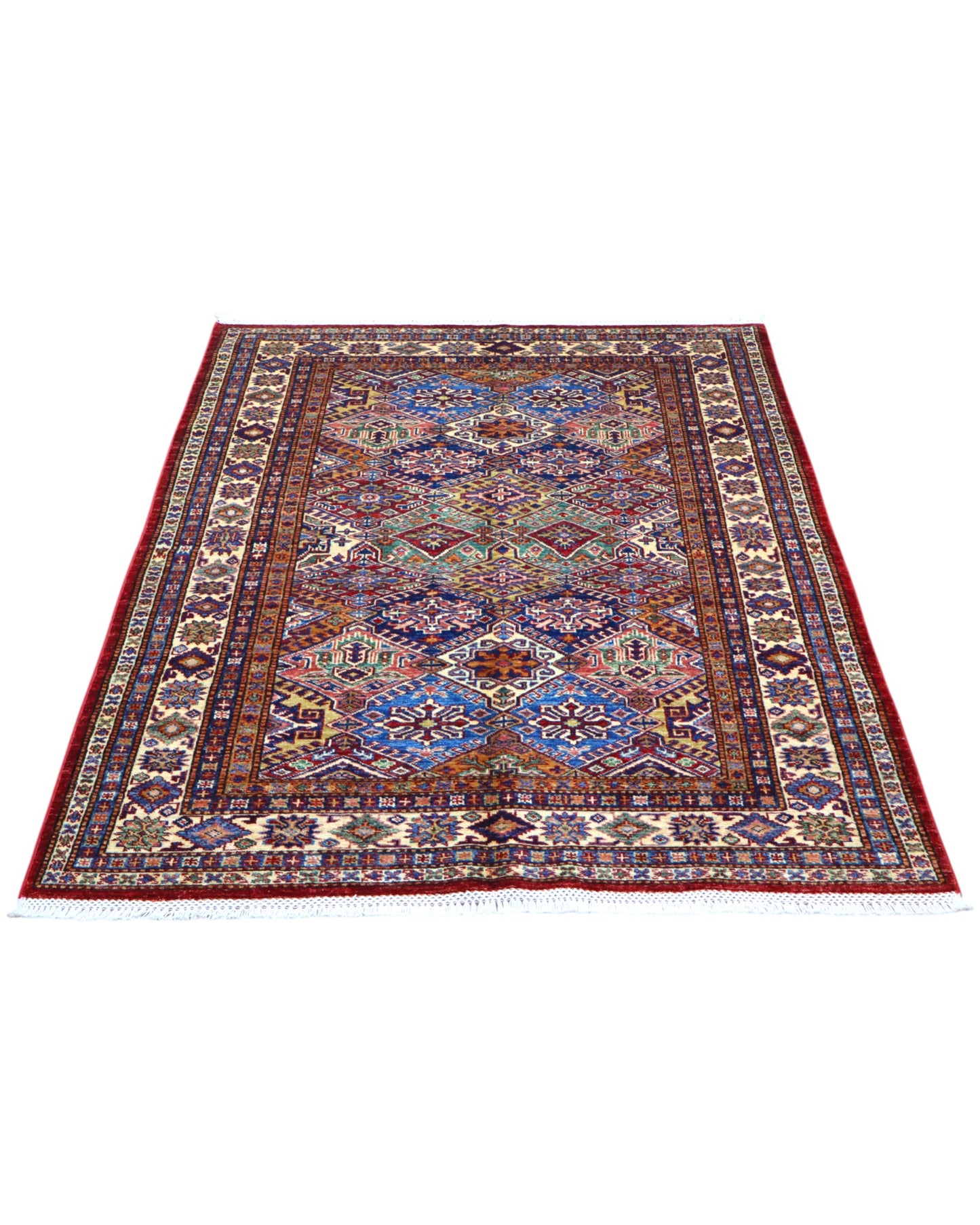 Tappeto Kazak 176x131 cm con motivi geometrici caucasici, colori blu, avorio e rosso, tramato ed annodato a mano.