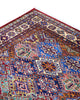 Tappeto Kazak 176x131 cm con motivi geometrici caucasici, colori blu, avorio e rosso, tramato ed annodato a mano.