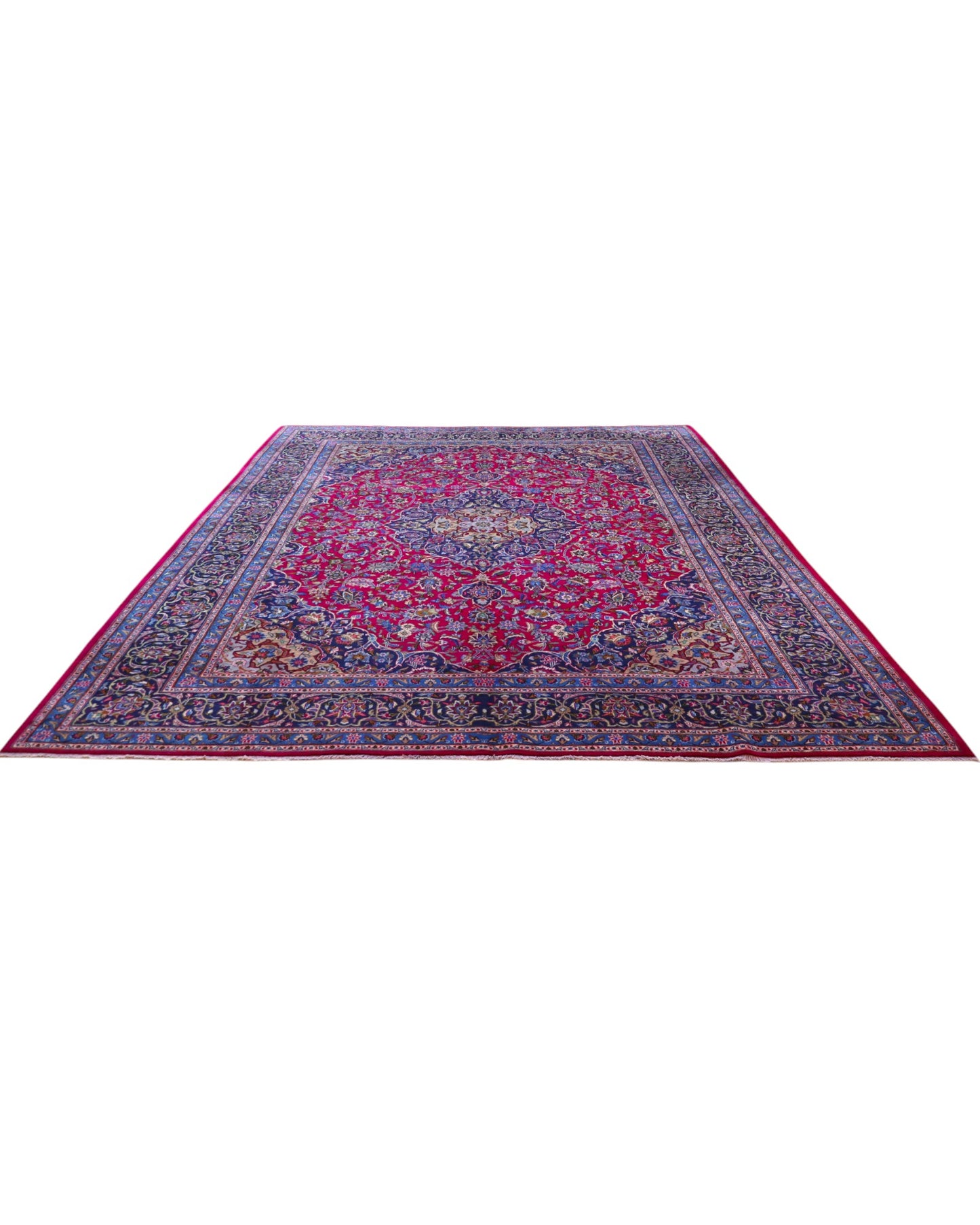 Tappeto persiano Mashhad 408x300 cm, fondo rosso con medaglione centrale e cornice floreale blu e oro, annodato a mano in lana vegetale.