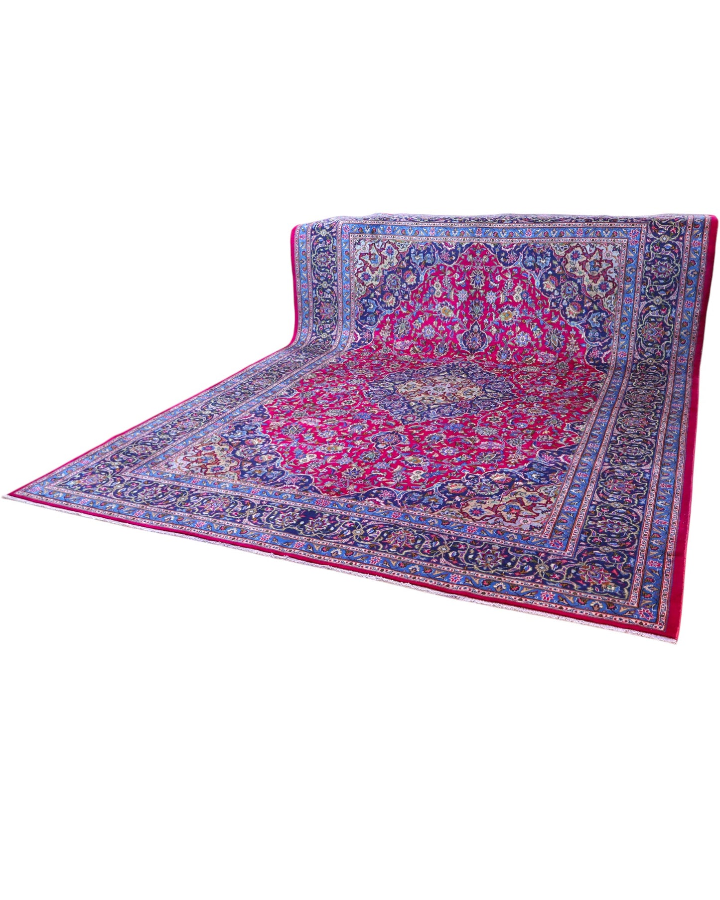 Tappeto persiano Mashhad 408x300 cm, fondo rosso con medaglione centrale e cornice floreale blu e oro, annodato a mano in lana vegetale.
