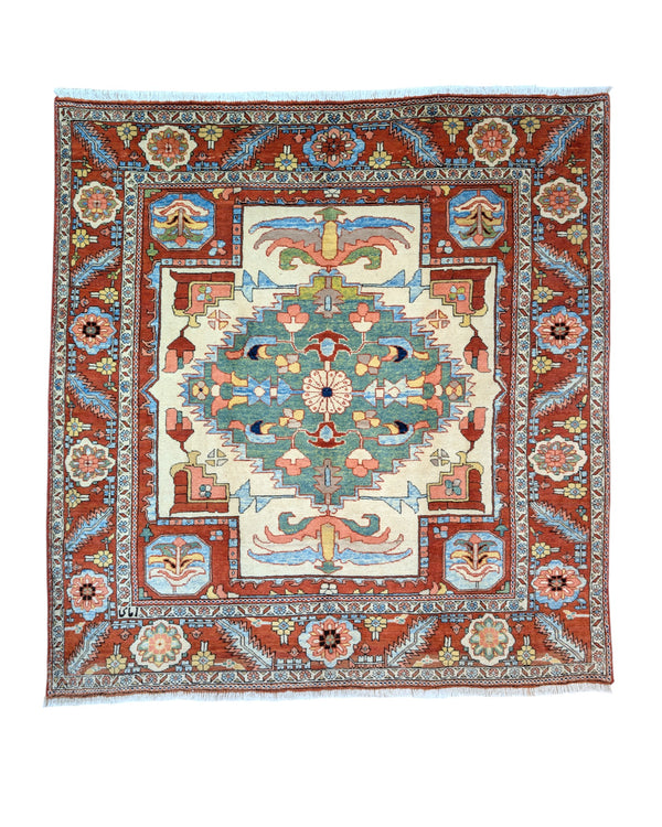 Tappeto Heriz persiano, annodato a mano con medaglione geometrico e motivi floreali stilizzati, in cotone e lana. Dimensioni 210 x 210 cm, con certificato di garanzia incluso.