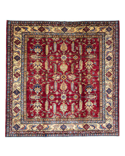 Tappeto Shirvan annodato a mano, motivi geometrici e floreali stilizzati, colori intensi di rosso, blu, beige e verde. Provenienza Afghanistan, certificato di autenticità incluso.