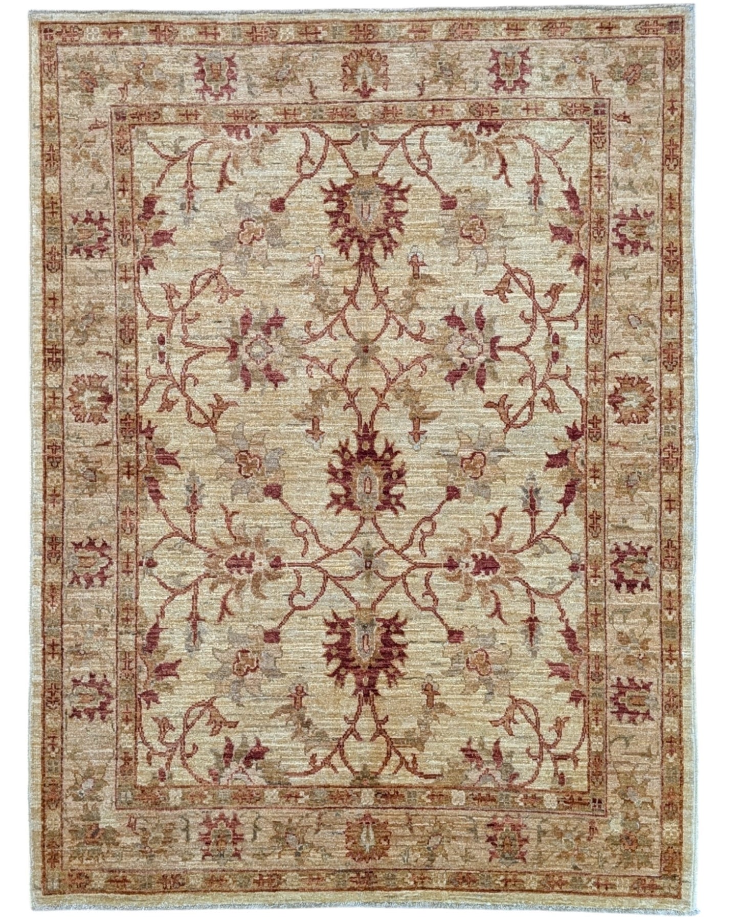 Tappeto Farahan beige annodato a mano in Afghanistan, in lana e cotone con colori vegetali naturali e motivo floreale delicato.