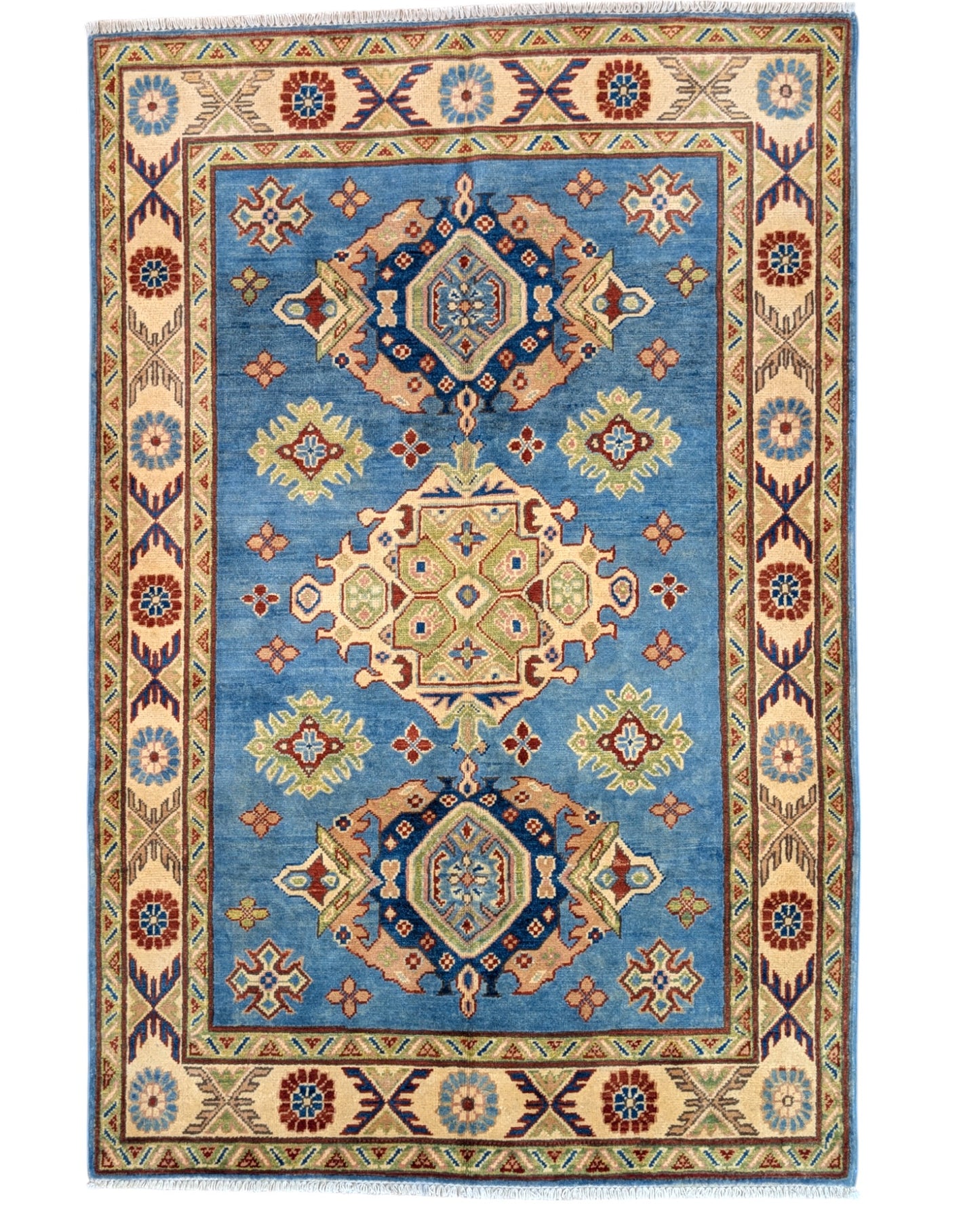Tappeto Kazak celeste con cornice beige e motivi geometrici, annodato a mano in Afghanistan in lana e cotone con colori vegetali.