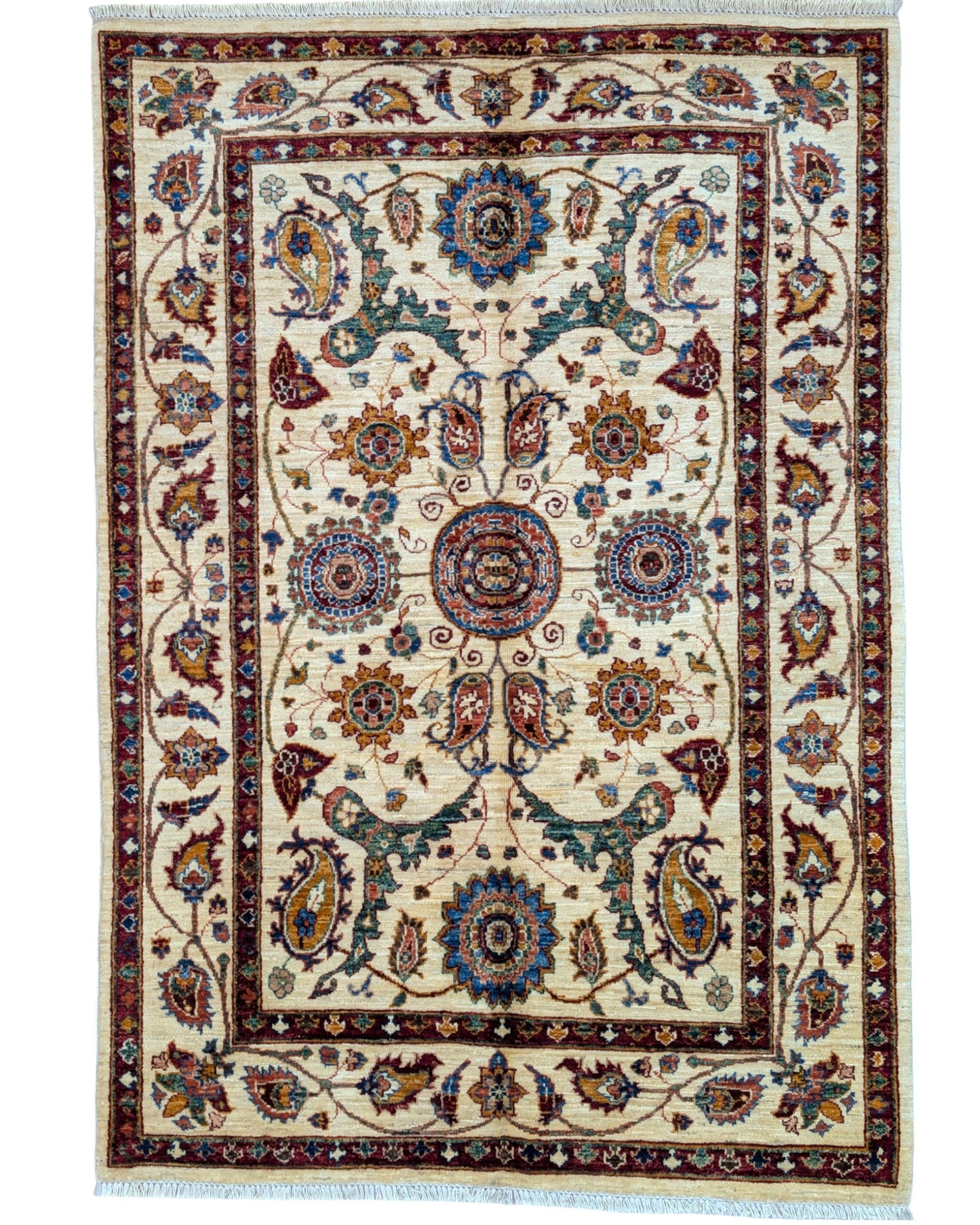 Tappeto Farahan Ziegler beige con motivi floreali blu notte e cornice elaborata, annodato a mano in Afghanistan in lana e cotone con colori vegetali.