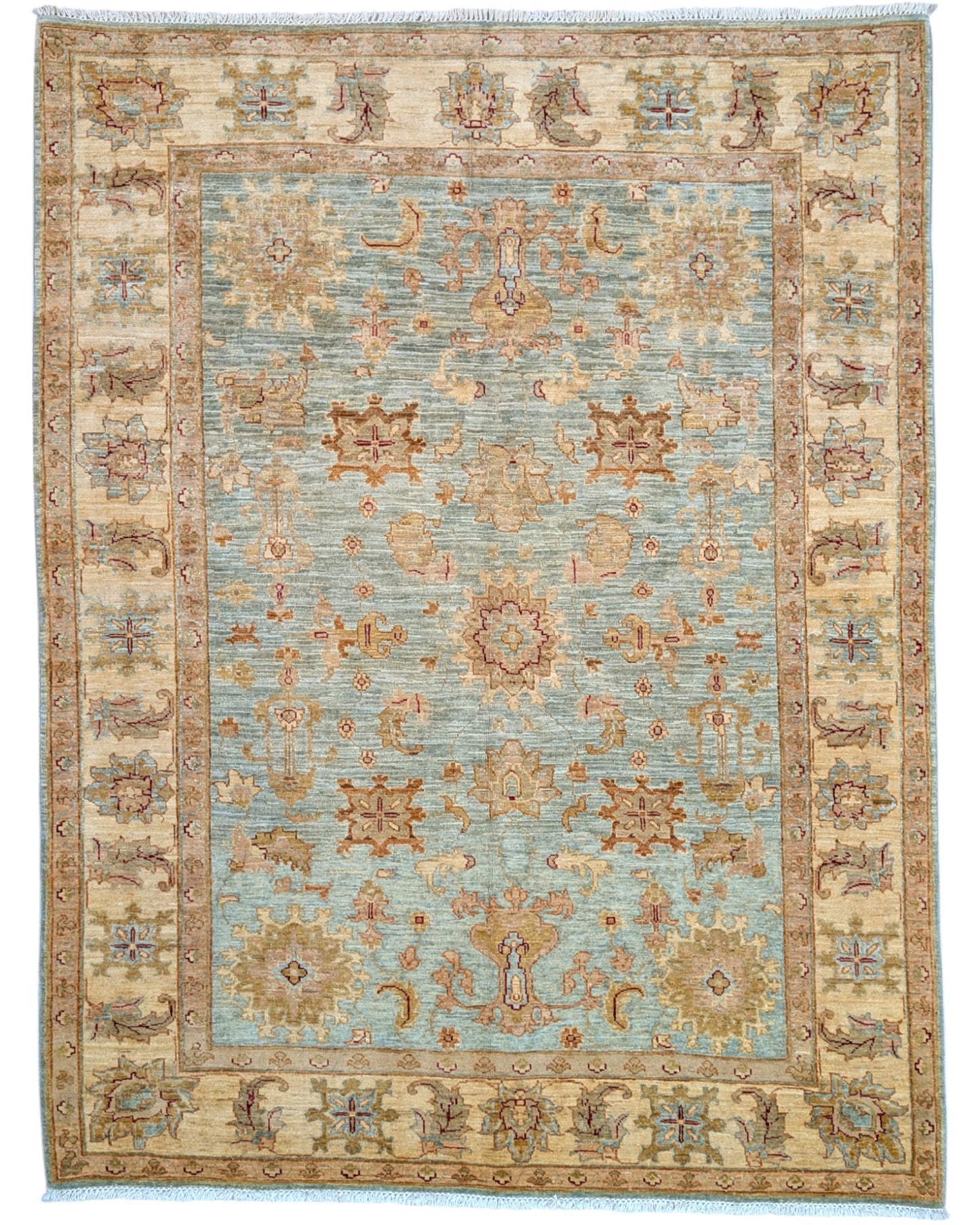 Tappeto Farahan Ziegler turchese chiaro con cornice beige e motivi floreali, annodato a mano in Afghanistan in lana e cotone con colori vegetali.