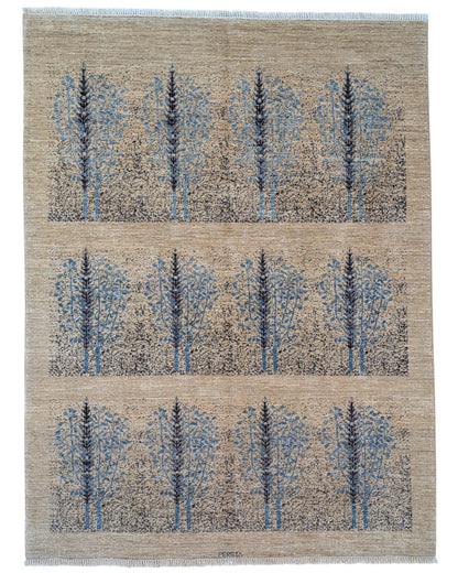 Tappeto moderno 200x151 cm con design di bosco stilizzato in celeste, grigio e beige, annodato a mano, certificato di autenticità incluso.