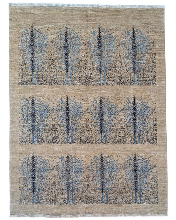 Tappeto moderno 200x151 cm con design di bosco stilizzato in celeste, grigio e beige, annodato a mano, certificato di autenticità incluso.