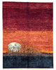 Tappeto moderno 195x150 cm, design "Luna nel Bosco" in rosso, nero e beige, annodato a mano, certificato di autenticità incluso.