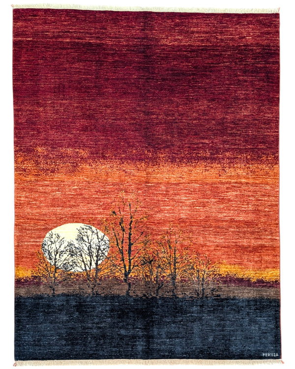 Tappeto moderno 195x150 cm, design "Luna nel Bosco" in rosso, nero e beige, annodato a mano, certificato di autenticità incluso.