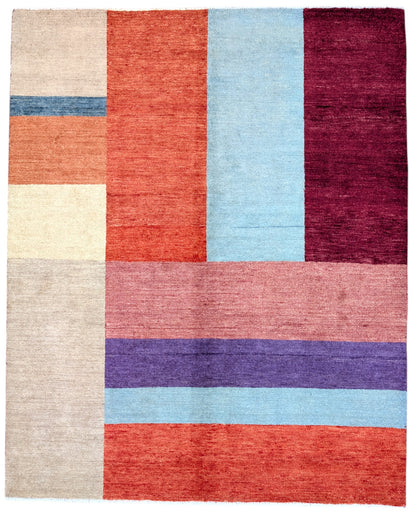 Tappeto moderno 200x150 cm, design "Color Block" con colori vivaci, annodato a mano, certificato di autenticità incluso.