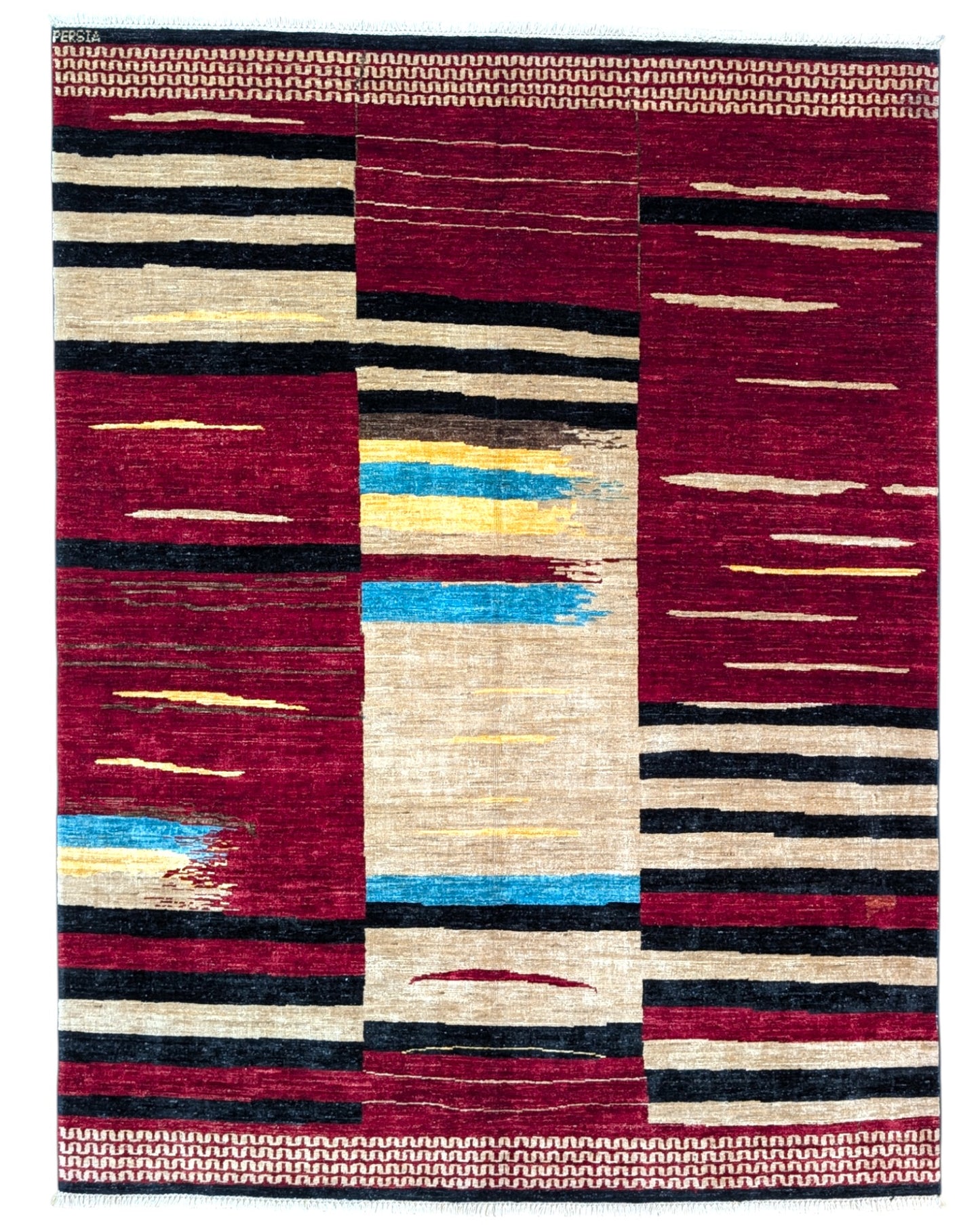 Tappeto moderno Gabbhe 197x153 cm, disegno astratto con colori vivaci, rosso, beige, nero, giallo, blu, artigianato persiano, certificato di autenticità incluso.