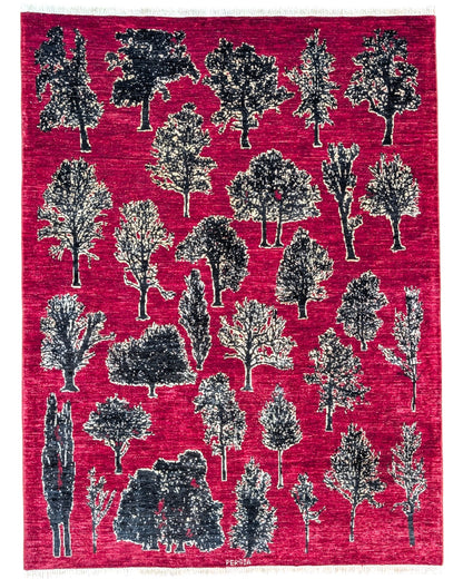 Tappeto moderno "Un'Opera d'Arte Naturale" 200x152 cm, motivi neri su campo rosso, alberi stilizzati, certificato di autenticità incluso.