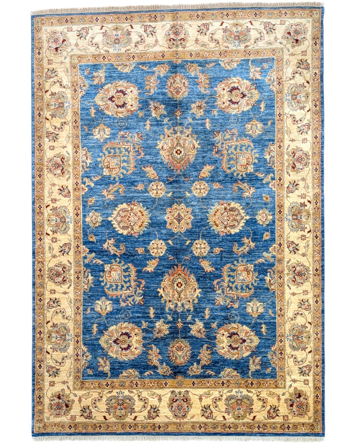 Tappeto Farahan Ziegler blu con cornice beige e motivi floreali, annodato a mano in Afghanistan in pura lana tinta con colori vegetali.