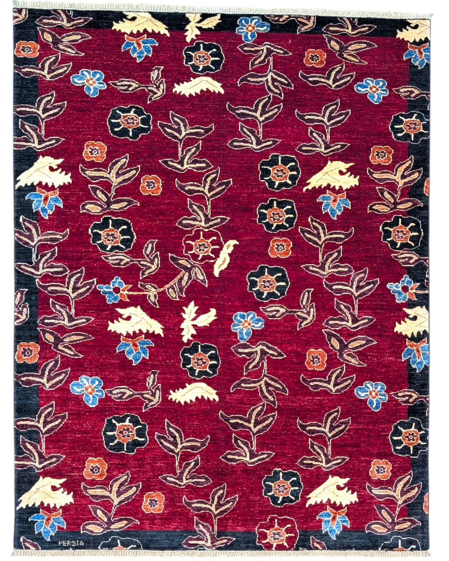 Tappeto moderno 194x151 cm, fondo rosso melograno, motivi floreali stilizzati, cornice nera, annodato a mano, design originale di Darios, certificato di autenticità incluso.