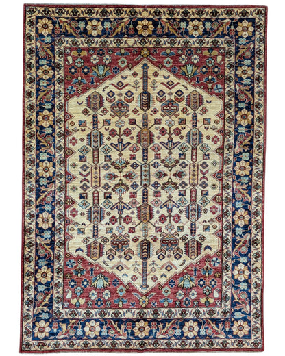 Tappeto Shirvan rettangolare 210x150 cm, fondo beige con cornice blu e motivo geometrico centrale, annodato a mano in lana con colori vegetali, provenienza Afghanistan.