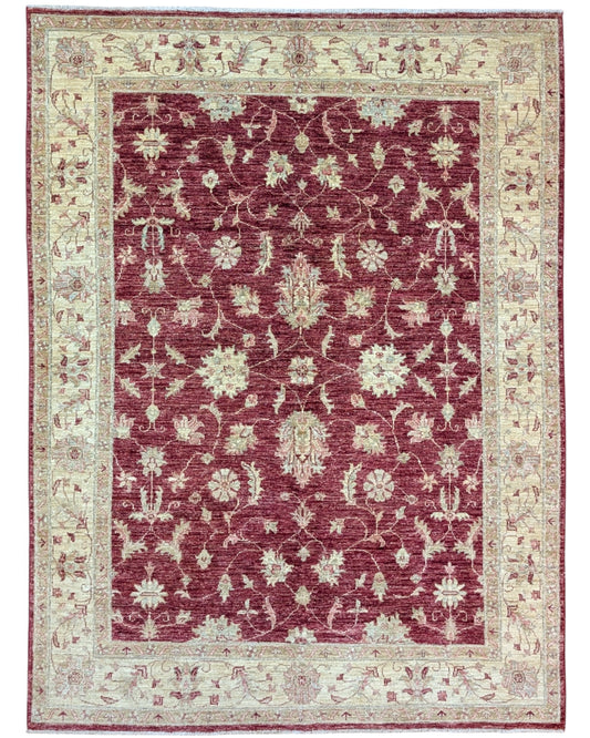 Tappeto Farahan Ziegler rettangolare 200x150 cm, fondo rosso melograno con cornice beige e motivi floreali, annodato a mano in lana e cotone con colori vegetali, provenienza Afghanistan.
