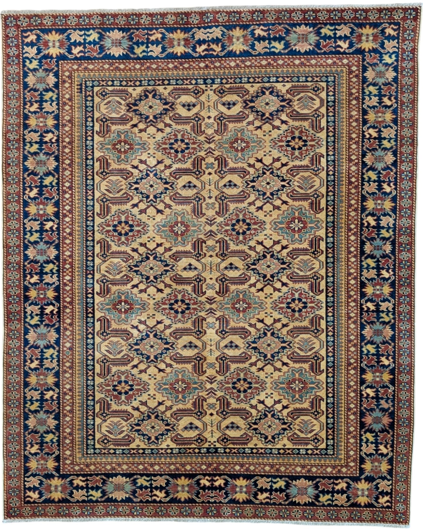 Tappeto Shirvan beige con cornice blu e motivi geometrici, annodato a mano in Afghanistan in pura lana tinta con colori vegetali.