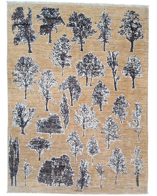 Tappeto moderno "Bosco Incantato", 203x153 cm, beige con alberi in colori naturali, design originale dell'artista Darios, certificato di autenticità incluso.