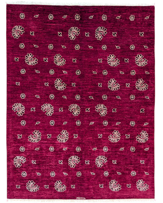 Tappeto moderno "Ramage Autunnale", 200x152 cm, rosso melograno con fiori e foglie autunnali in tonalità chiare, design di alta qualità, certificato di autenticità incluso.
