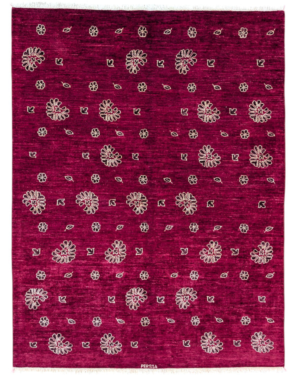 Tappeto moderno "Ramage Autunnale", 200x152 cm, rosso melograno con fiori e foglie autunnali in tonalità chiare, design di alta qualità, certificato di autenticità incluso.