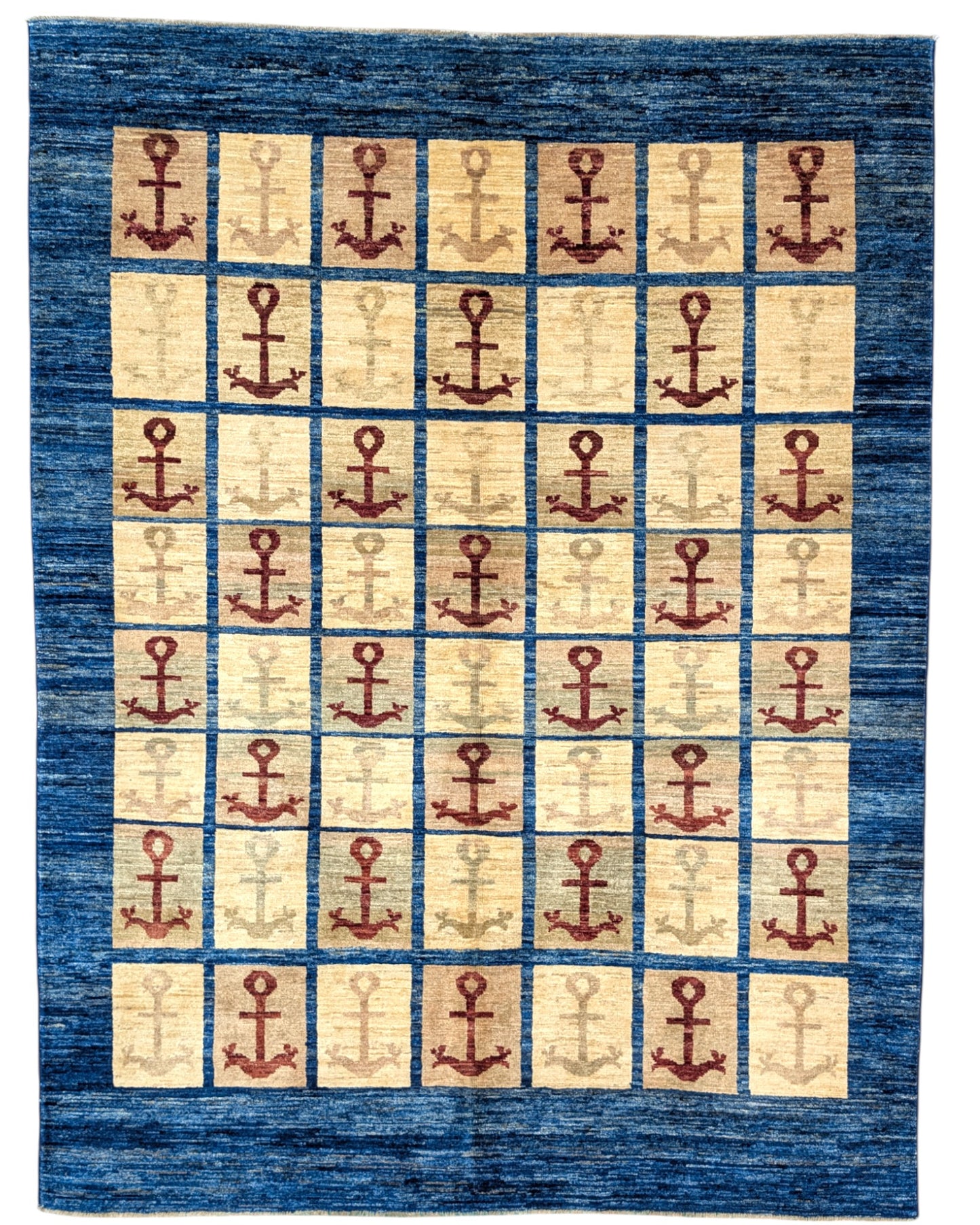 Tappeto moderno 192x147 cm, astratto con blocchi di colore ruggine, blu, viola, fondo beige, design esclusivo, certificato di autenticità incluso.