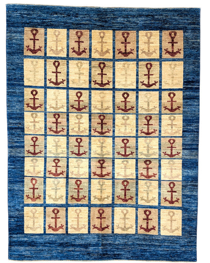 Tappeto moderno 192x147 cm, astratto con blocchi di colore ruggine, blu, viola, fondo beige, design esclusivo, certificato di autenticità incluso.