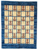 Tappeto moderno 192x147 cm, astratto con blocchi di colore ruggine, blu, viola, fondo beige, design esclusivo, certificato di autenticità incluso.