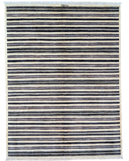 Tappeto moderno 198x150 cm, design "Strisce Nordiche" in beige, nero e grigio, artigianato tradizionale, certificato di autenticità incluso.