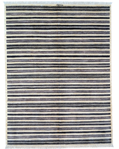 Tappeto moderno 198x150 cm, design "Strisce Nordiche" in beige, nero e grigio, artigianato tradizionale, certificato di autenticità incluso.