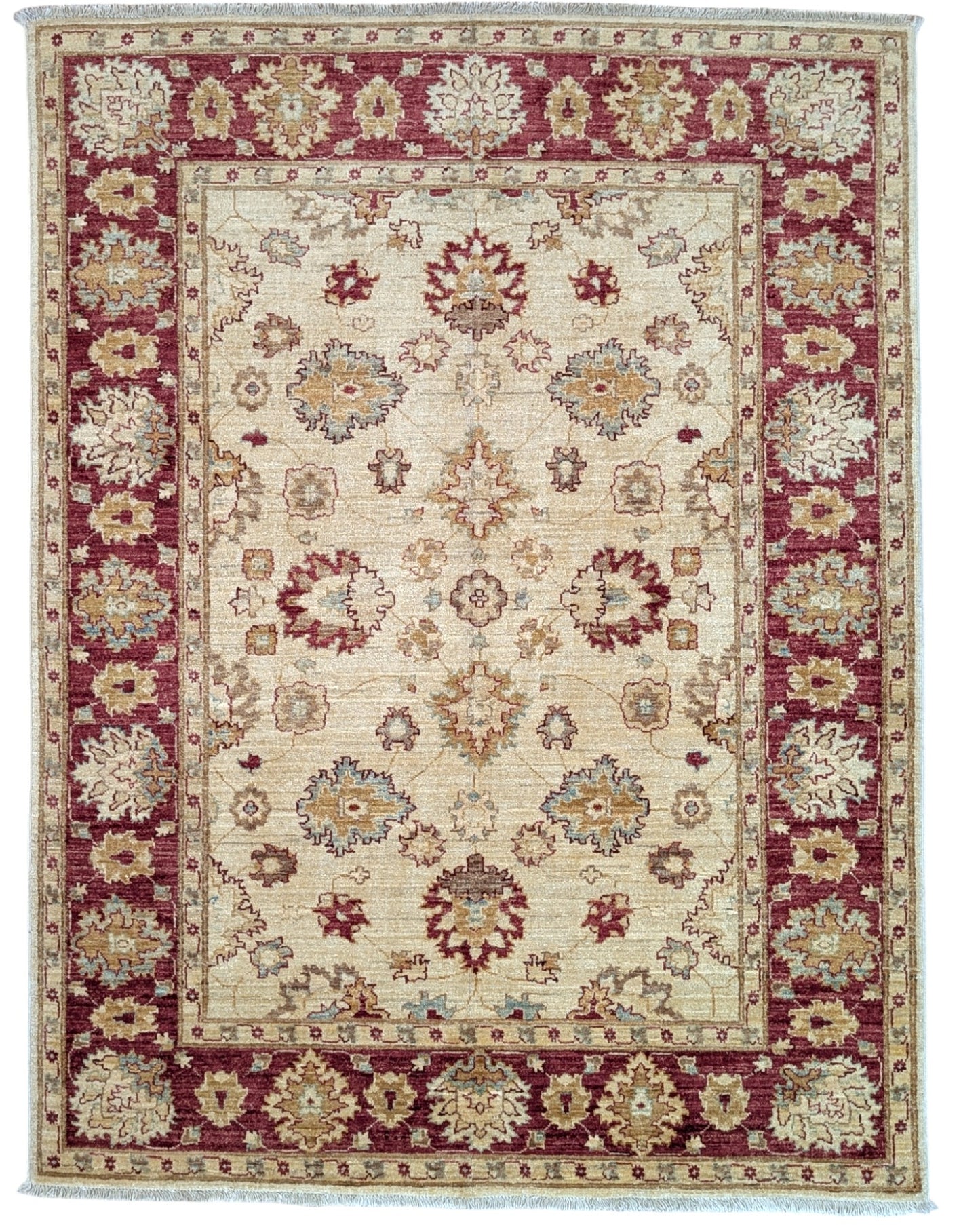 Tappeto Ziegler beige con cornice rossa e motivi floreali decorativi, annodato a mano in Afghanistan con lana e cotone tinti con colori vegetali.