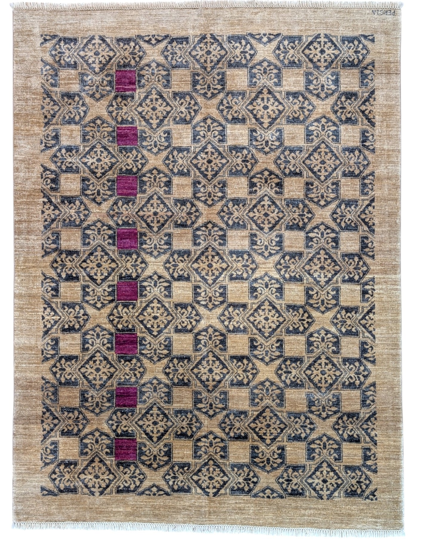 Tappeto moderno 200x150 cm, motivi geometrici e tocchi di fucsia, artigianato tradizionale, certificato di autenticità incluso.