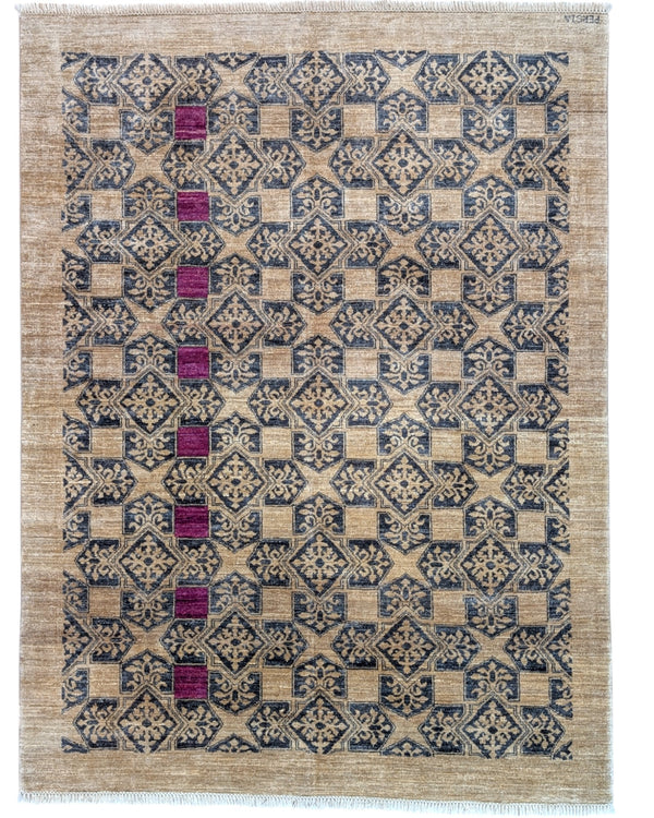 Tappeto moderno 200x150 cm, motivi geometrici e tocchi di fucsia, artigianato tradizionale, certificato di autenticità incluso.