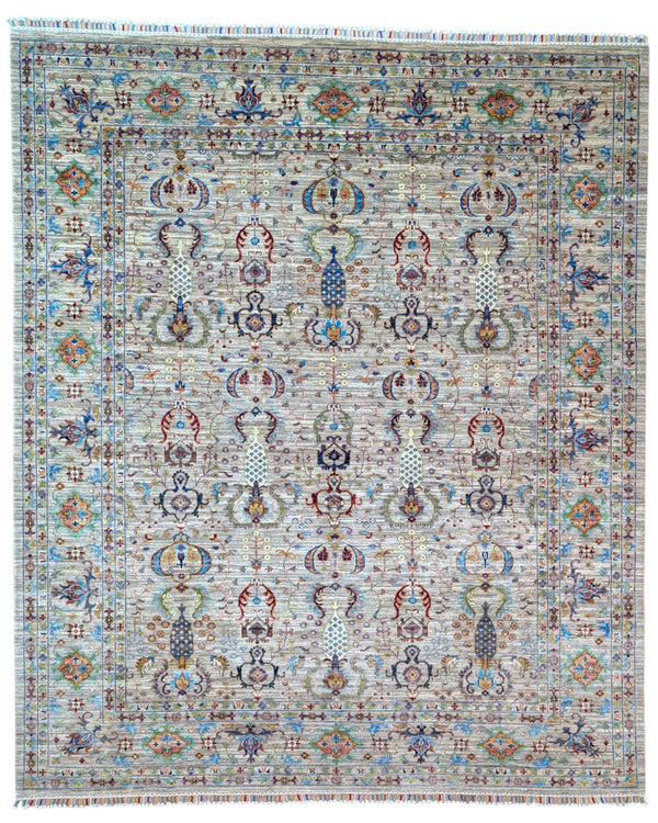 Tappeto Farahan Ziegler beige con motivi floreali e cornice decorata, annodato a mano in Afghanistan con lana e cotone tinti con colori vegetali.