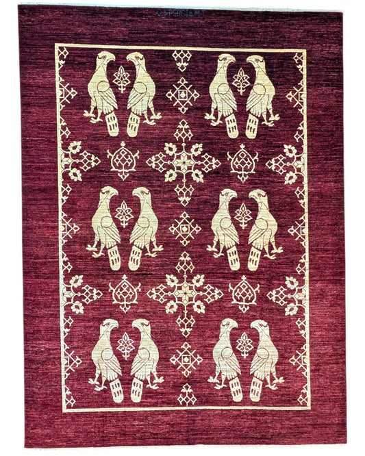 Tappeto moderno "Pavial all'Altare", 340x250 cm, disegno ispirato a un tessuto antico, rosso melograno, motivi decorativi, certificato di autenticità incluso.