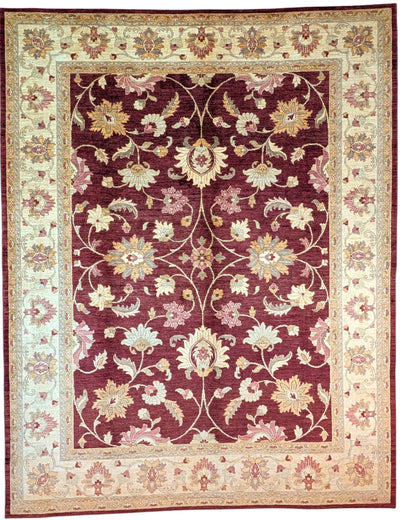 Tappeto Farahan Ziegler 346x272 cm con motivo floreale rosso, beige e oro, annodato a mano con lana pregiata e ordito in cotone robusto.