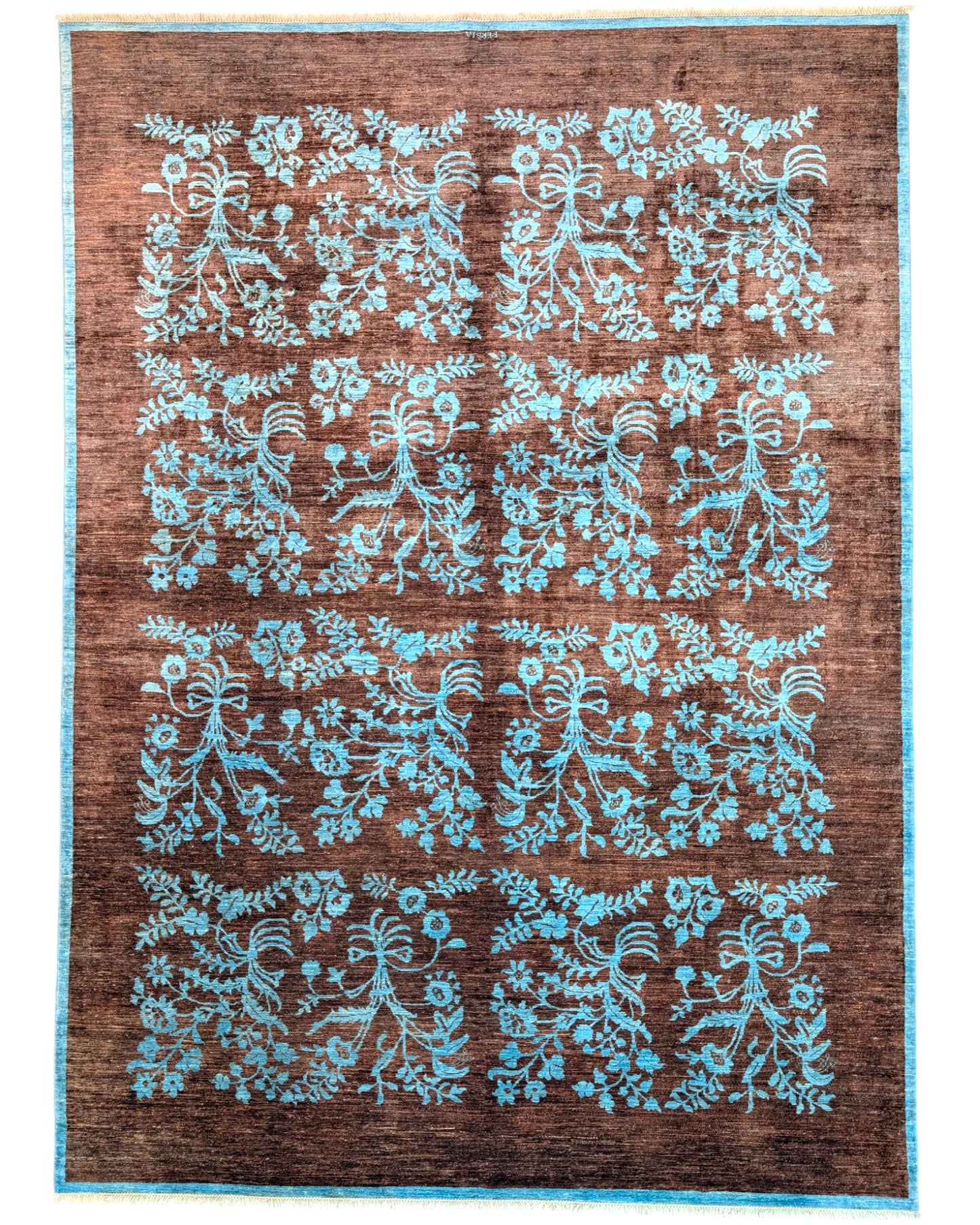 Tappeto moderno "Onda Turchese", design di Darios, annodato a mano, fondo marrone bruciato, disegno turchese, 340x243 cm, cotone e lana vegetale, certificato di autenticità incluso.